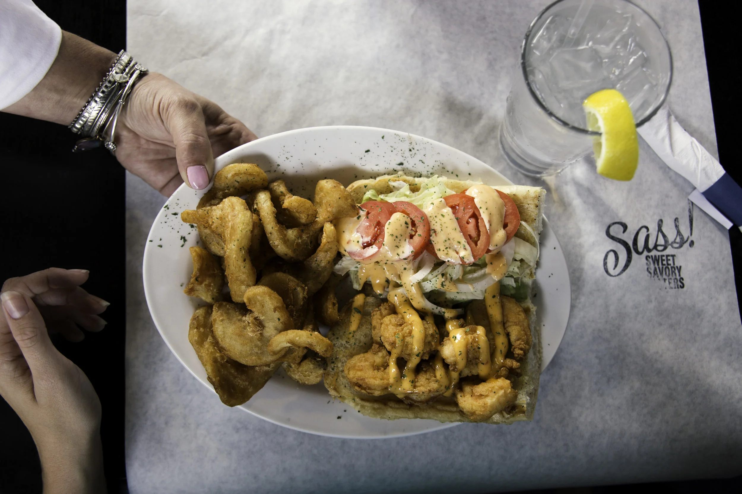 Cajun fried seafood plate at Sass! Restaurant